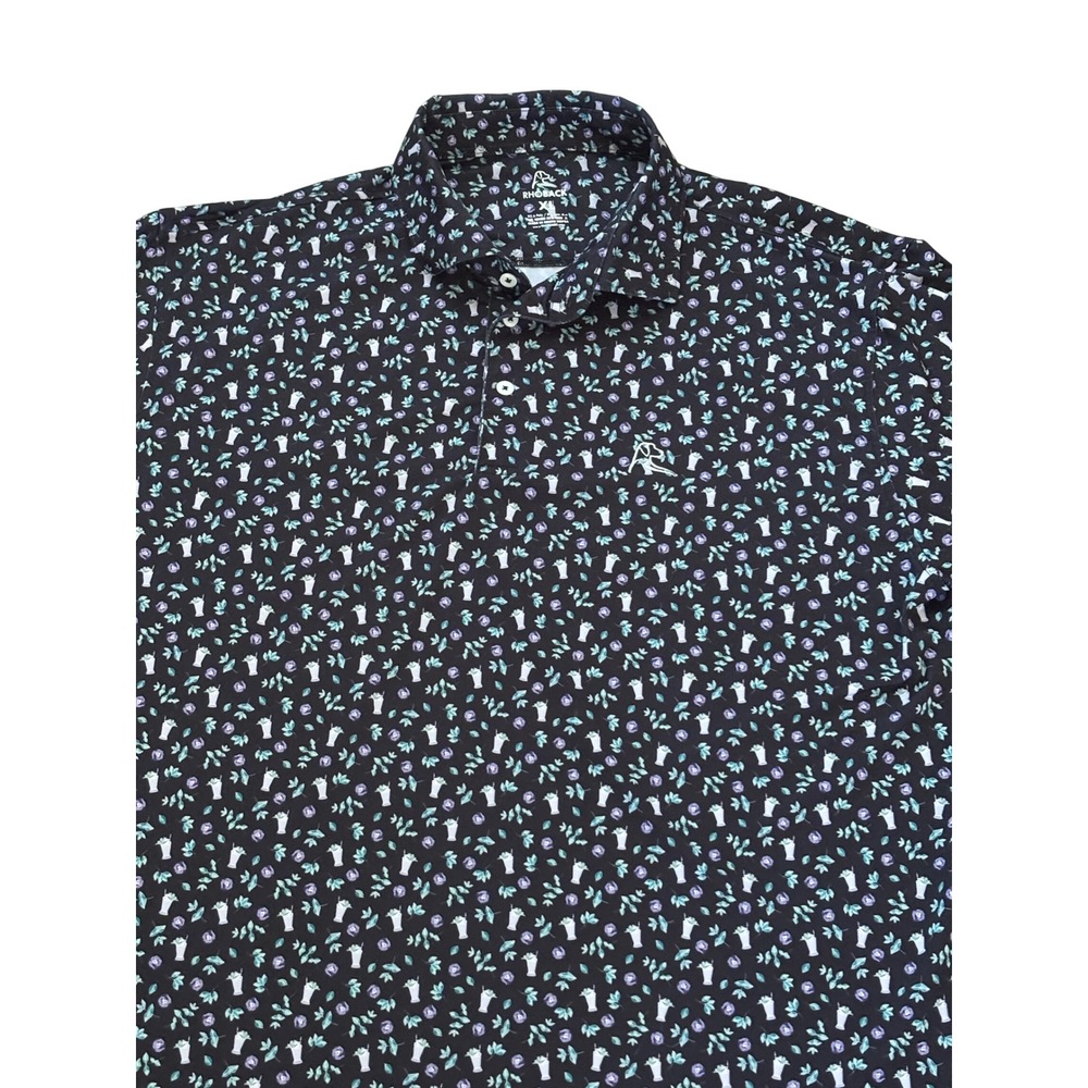 Rhoback Mens XL Mint Julep Print Performance Black Polo Shirt Golf